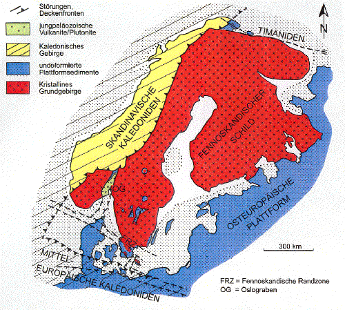 Übersichtskarte zur geologisch-tektonischen Großgliederung Nordeuropas (Quelle: s. u.)
