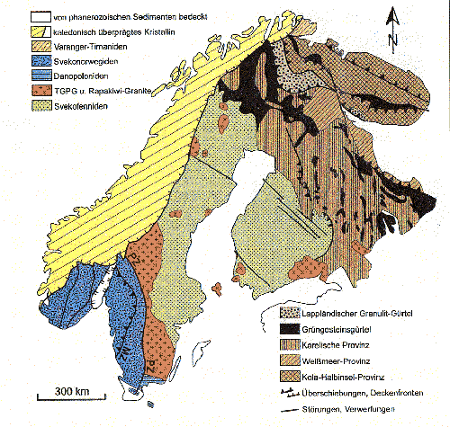 Geologische Karte des Fennoskandischen Schildes mit den wichtigsten strukturellen Baueinheiten (Quelle: s. u.)